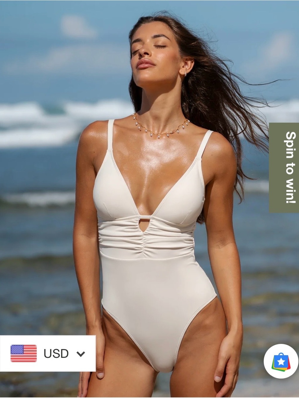 Sculpting Cream V-Neck One-Piece Swimsuit with Center Keyhole